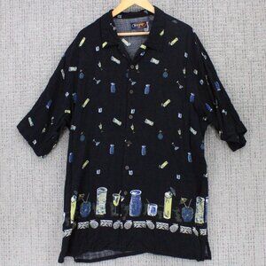 Vintage REPP Shirt Mens 2XT Black Button Down All Over Print Rayon Retro 90s